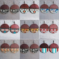 fashion boho round earrings wooden round american western ethnic exotic flowers pattern patchwork earrings for women