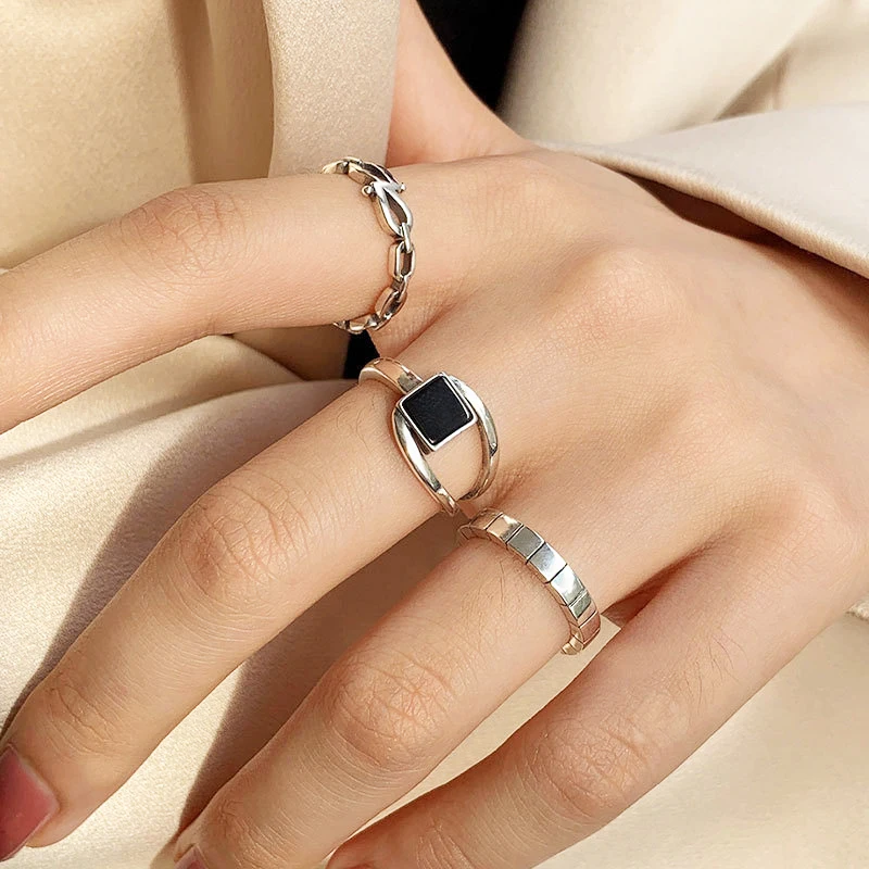 

1Pc Square Black Agate Rings for Women Luxury Textured Temperament Geometric Finger Ring Minimalist Jewelry Party Gifts Anillos