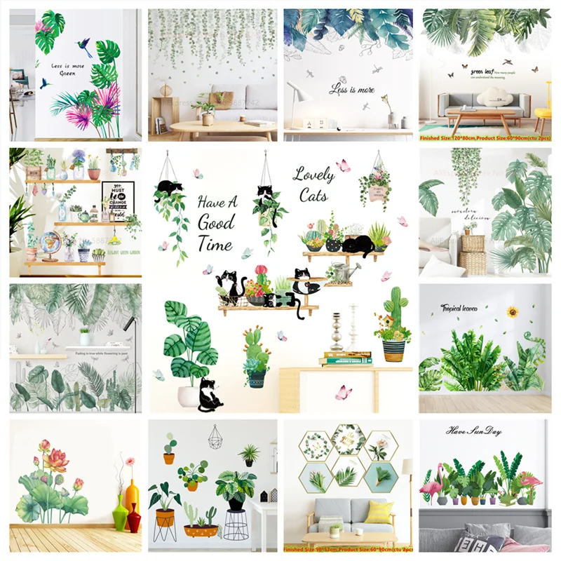 Pegatinas de vinilo decorativas de plantas de gato para pared, papel tapiz...