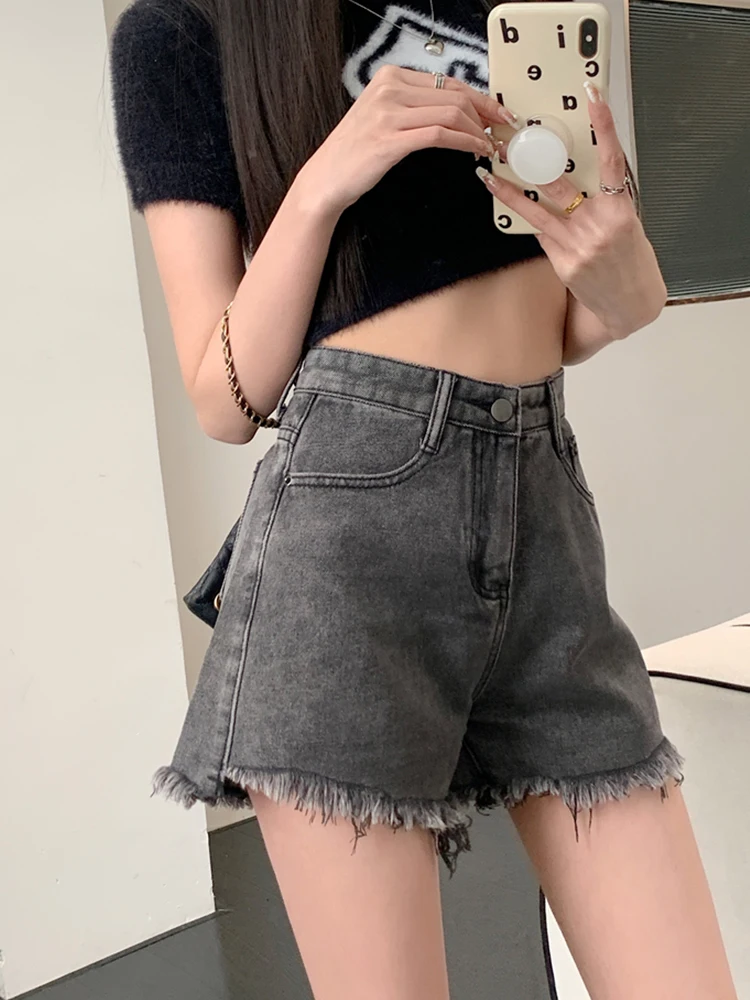 Summer Women Retro Raw Hem Loose Denim Shorts Streetwear Female High Waist Button Asymmetrical Jeans Shorts Bottoms