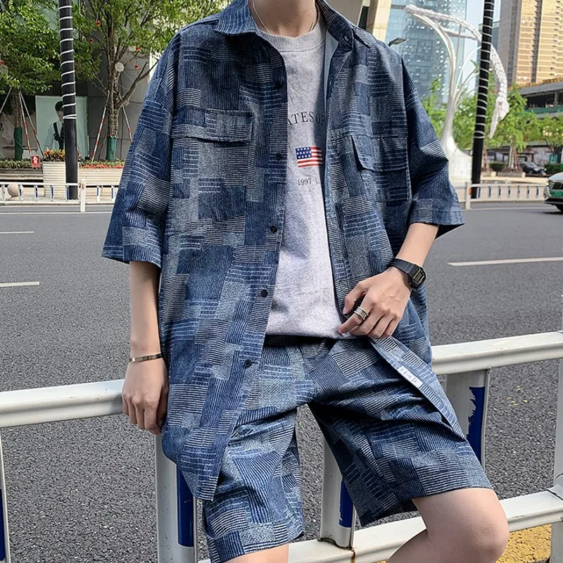 2023 Summer Man Sets Short Sleeve Oversized Shirts Shorts Korean Style Patch Plaid Casual Short Suit Clothing Men Black Blue 5XL