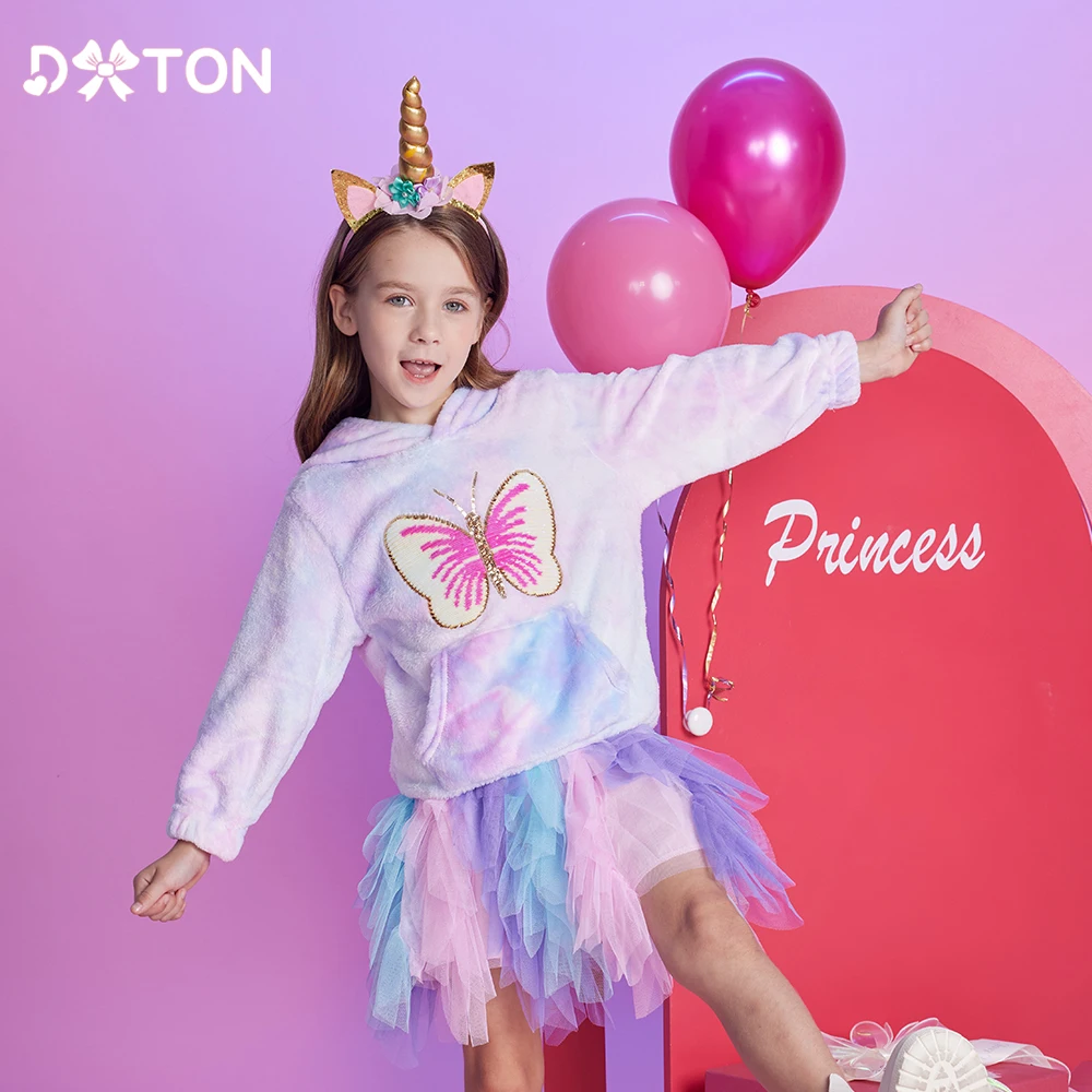 DXTON новые детские толстовки с капюшоном для девочек флисовый теплый пуловер