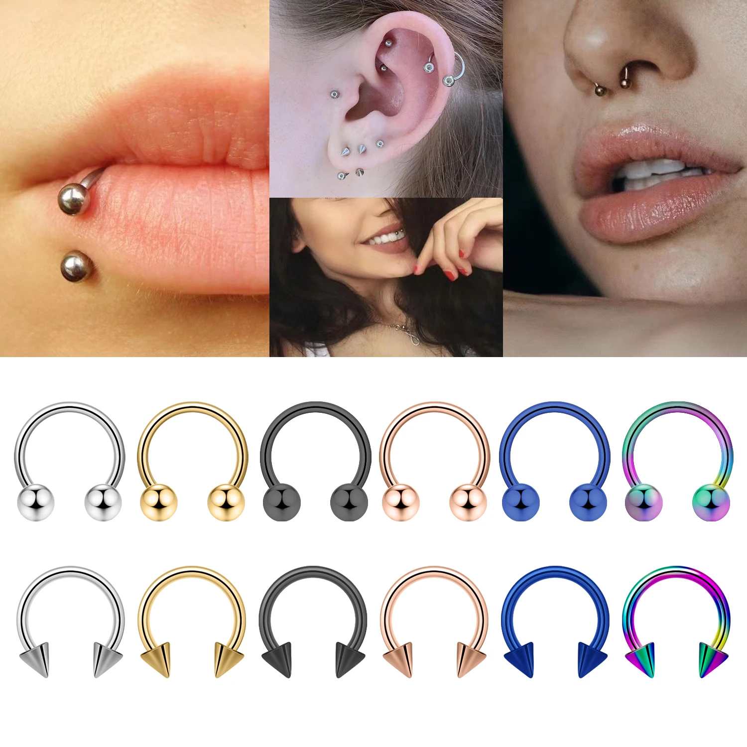 

100 200 300Pcs Conical Nail Horseshoe Round Nasal Septum Ring Lip Ring Surgical Hoop Nasal Septum Eyebrow and Ear Puncture