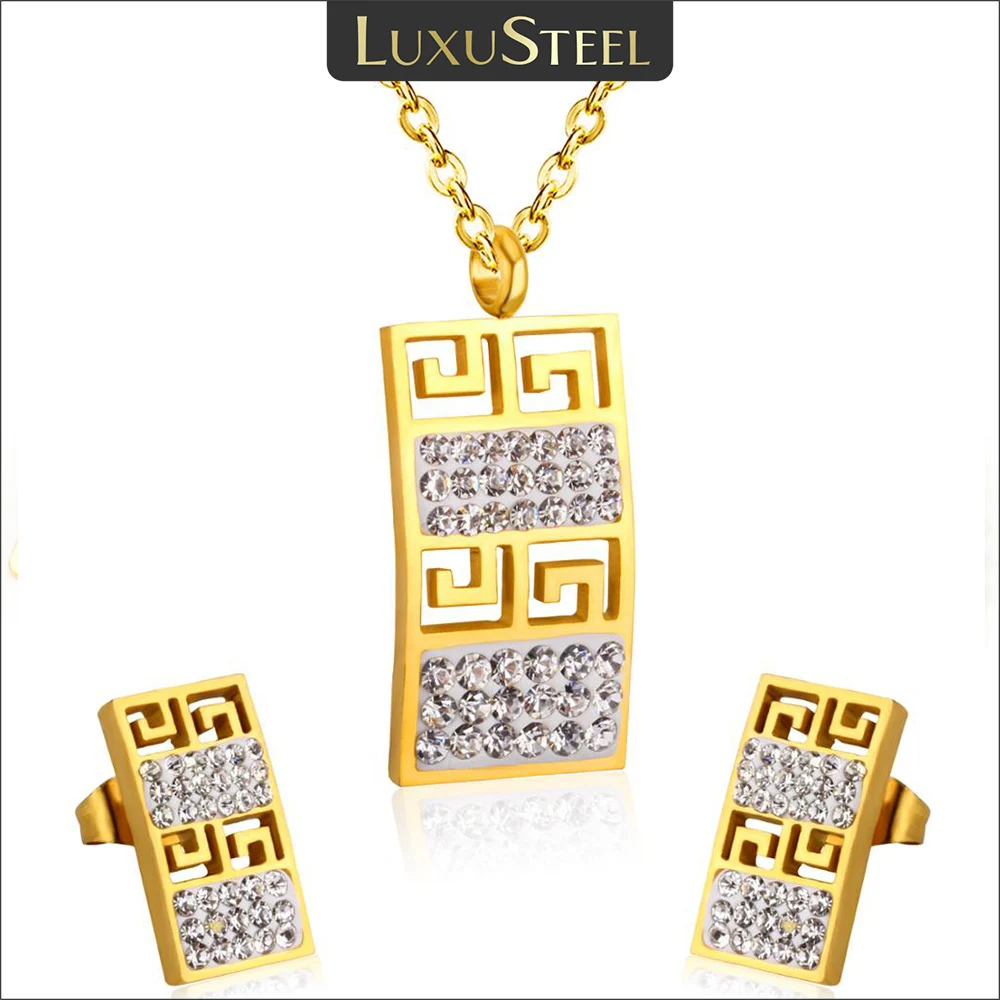 LUXUSTEE Bridal Cubic Zirconia Jewelry Set Gold Plated Silver Color Geometry Necklace Stainless Steel Women Men Luxury Gifts