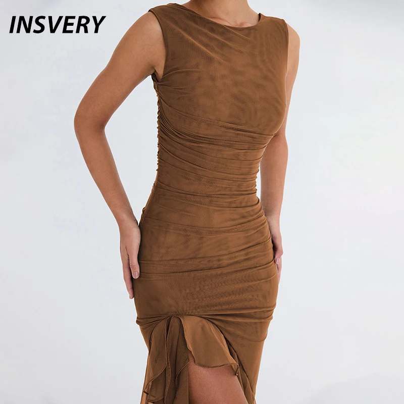 Сексуальное платье без рукавов женское миди с круглым вырезом и рюшами летнее