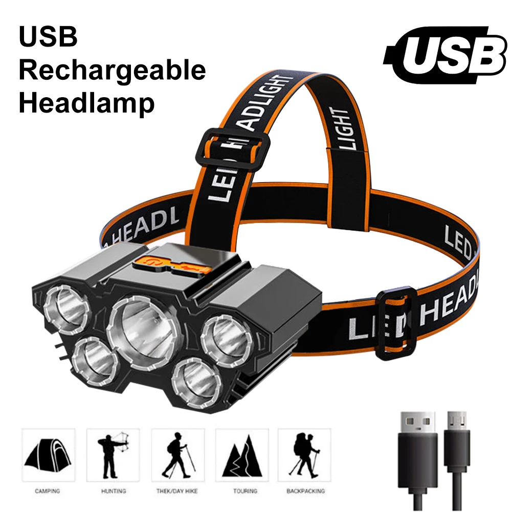 

Фонарь налобный портативный с зарядкой от USB, 5 светодиодов, 180 градусов