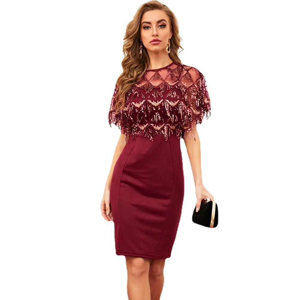 

Sexy retro stitching fringed sequin dress European and American women's clothing