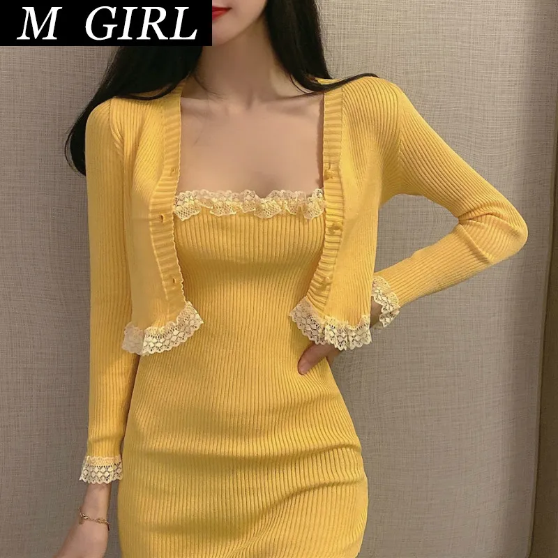 M GIRLS  Two Piece Set Women Spring New Lace Patchwork Knitted Cardigan Sexy Spaghetti Strap Bodycon Dress  2 Piece Outfits