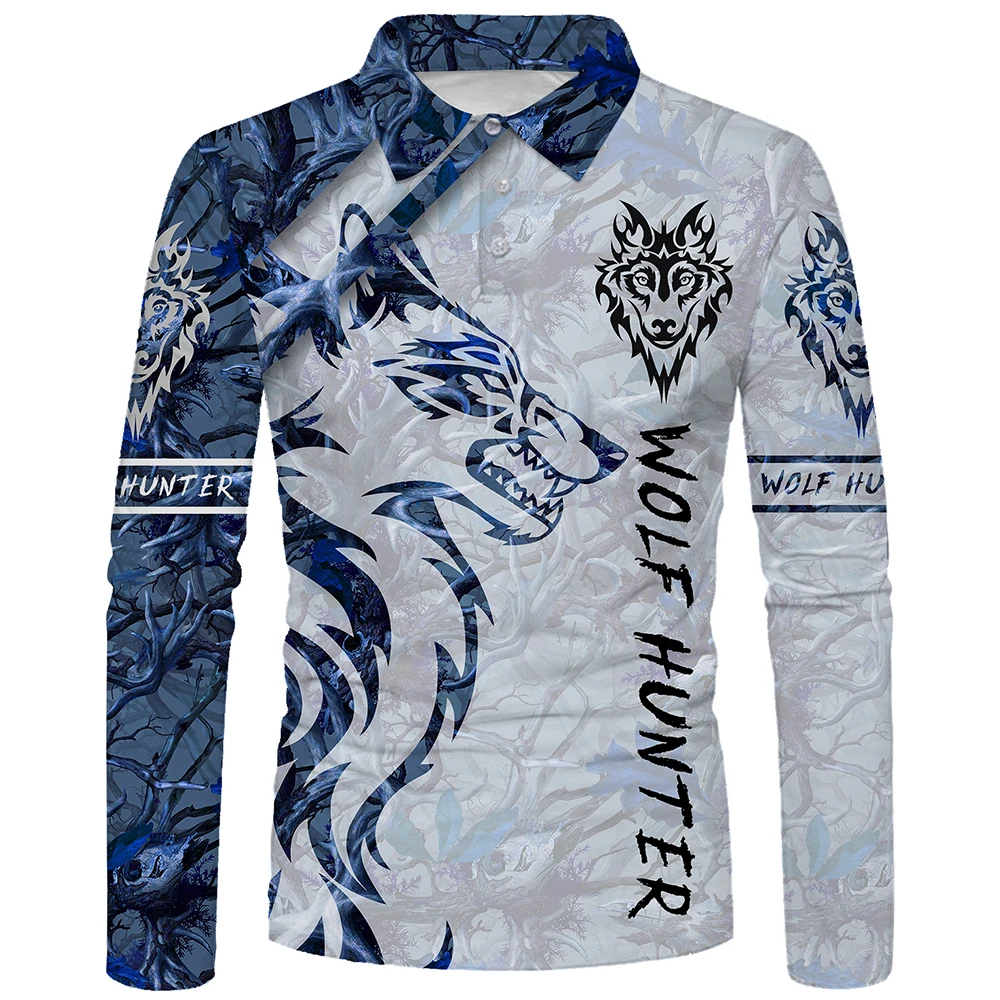 

3D printing long-sleeved button polo shirt 3D digital printing loose and casual European size quick-drying lapel T-shirt Lion