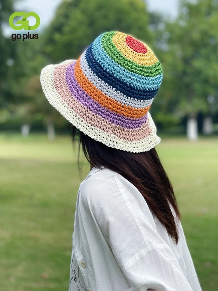 

Women Bucket Hat Rainbow Summer Sun Cap Striped Straw Fishing Caps Panamas UV Protection Visor Colorful Bonnet Zonneklep Dames