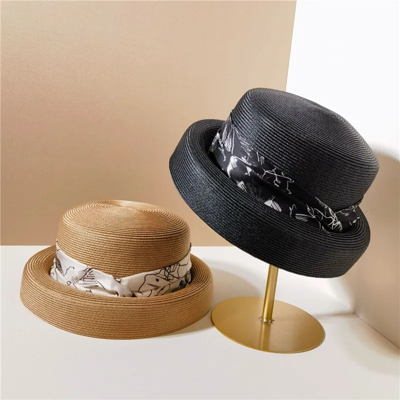 

202304-24-xx ins dropshipping summer Ink ribbon Taiwan PP grass glossy curly brim lady bucket cap woman fishermen hat