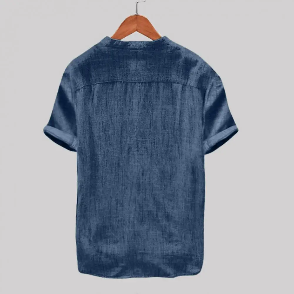 

Casual Linen Shirt Comfortable Men Loose Short Sleeve Skin-friendly Solid Color Buttons Cotton Skin-friendly Down Beach Shirt to
