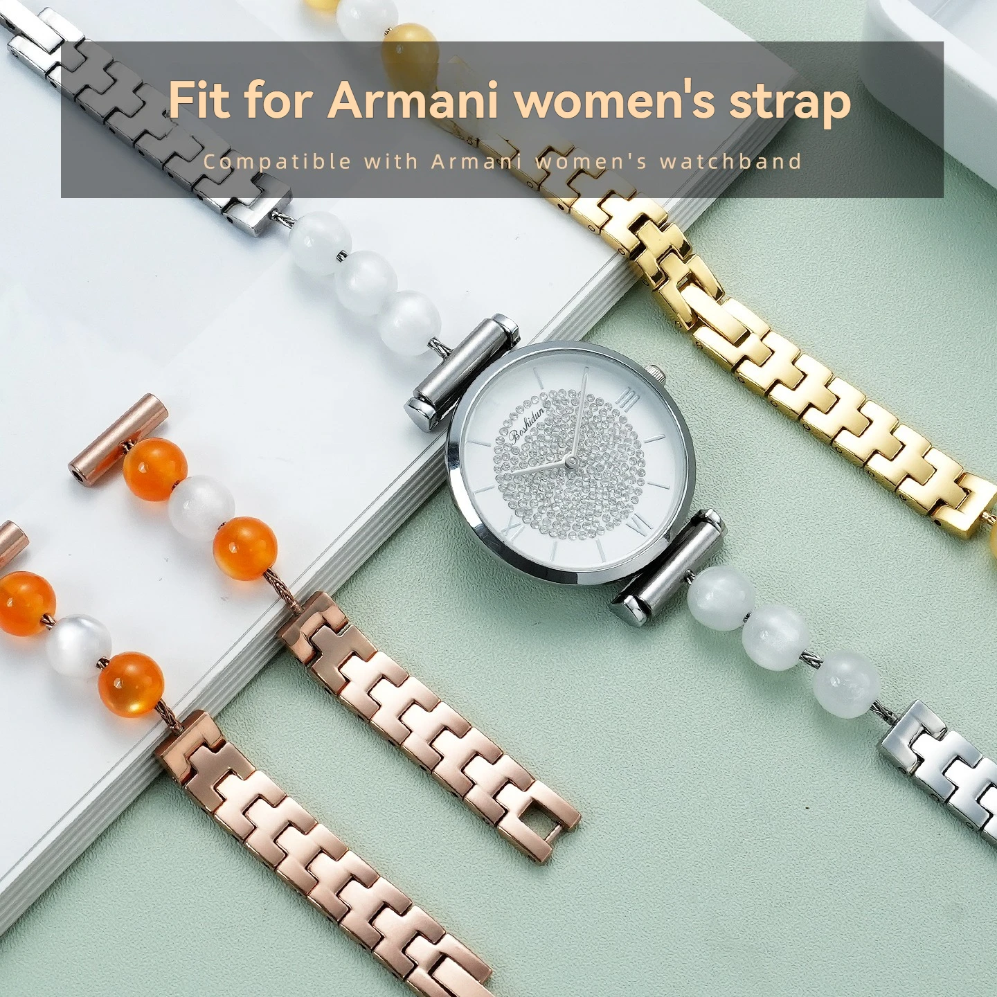 Фото Браслет из нержавеющей стали цвета розового золота 14 мм для Armani AR11059, AR1908, AR1926, для коллекции Fiyta Four-Leaf Clover Charming. №1