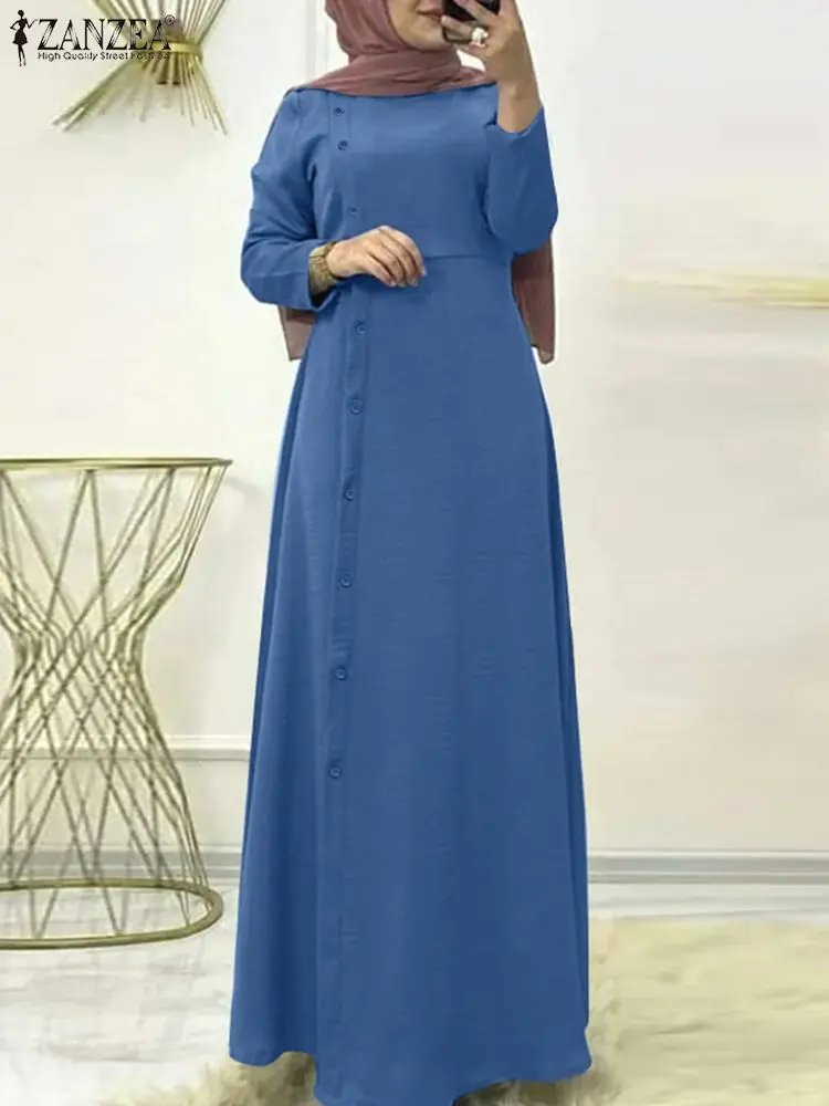 Платье ZANZEA женское с длинным рукавом, стильный однотонный хиджаб из Дубая, турецкой абаи, Исламская одежда, повседневное мусульманское плат...