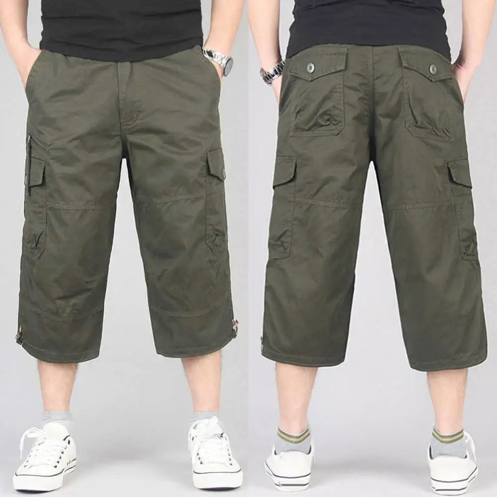 

Summer Men's Casual Cotton Cargo Shorts Overalls Long Length Multi Pocket Hot breeches Military Capri Pants Male Cropped Pants