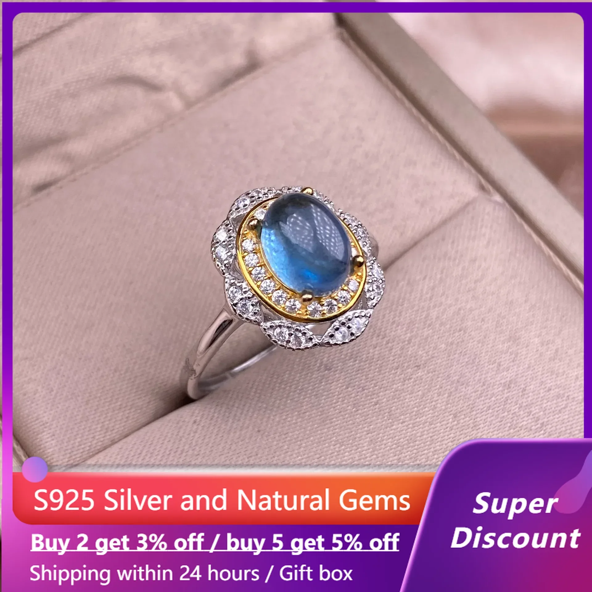 HOYON натуральное морское синее сокровище женское кольцо s925 стерлингового серебра