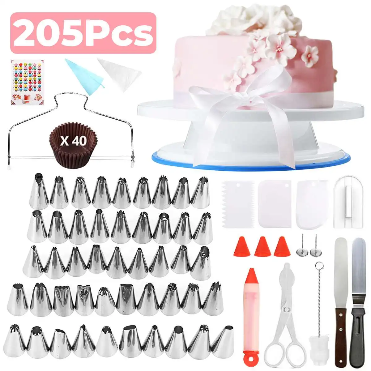 GEMITTO-Kit de herramientas de decoración de pasteles, soporte giratorio, boquilla de crema para Fondant, pastelería, panadería, 205 piezas