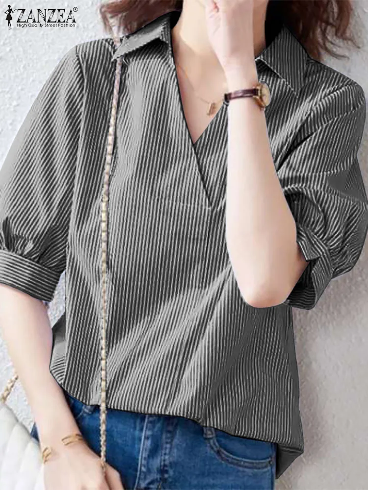 

Summer Elegant V Neck 3/4 Sleeve Office Blouse ZANZEA Women Striped Shirt Casual OL Work Blusas 2022 Fashion Tunic Tops Chemise