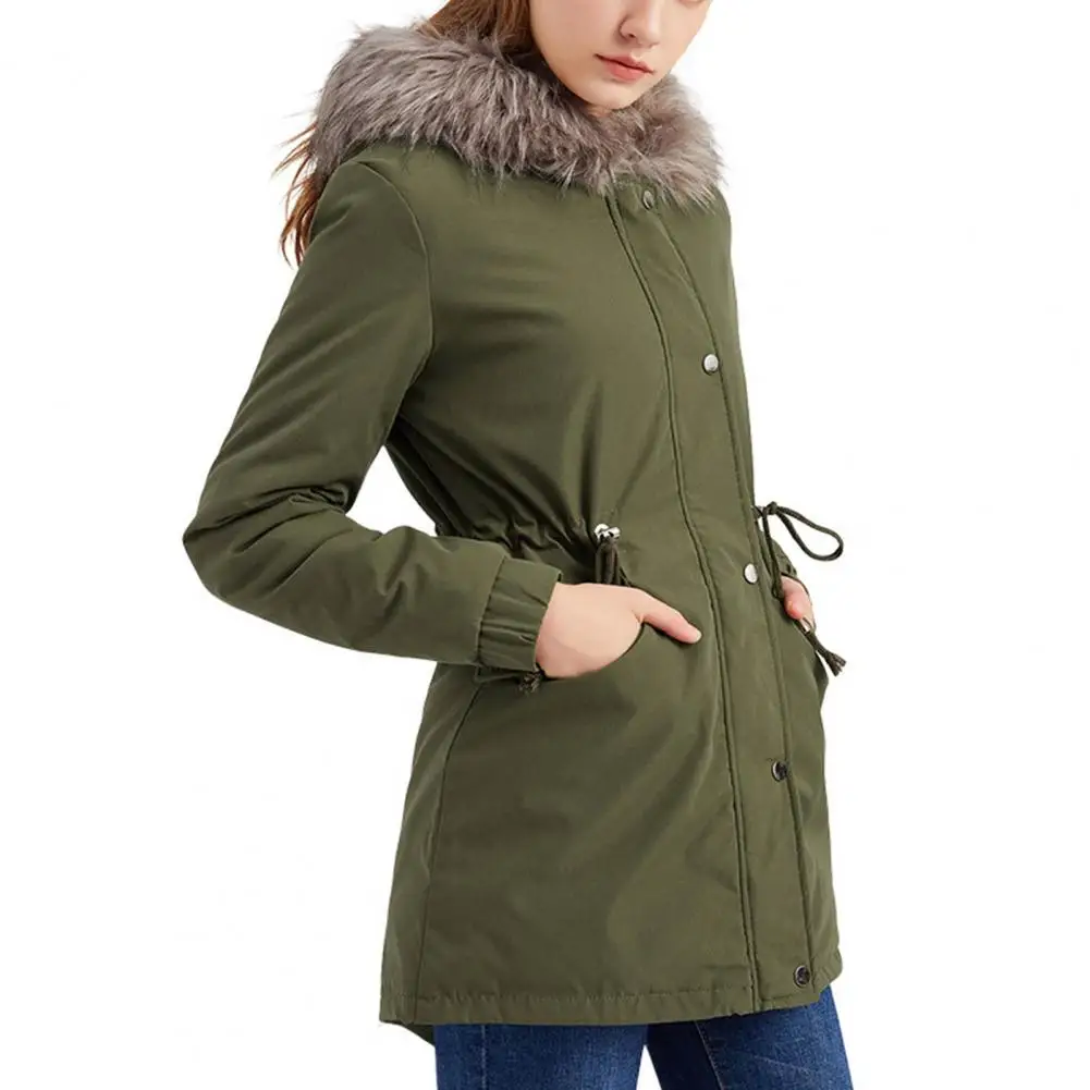 

Женское зимнее пальто с капюшоном из искусственного меха на флисовой подкладке с длинным рукавом, повседневное пальто средней длины на молнии и пуговицах