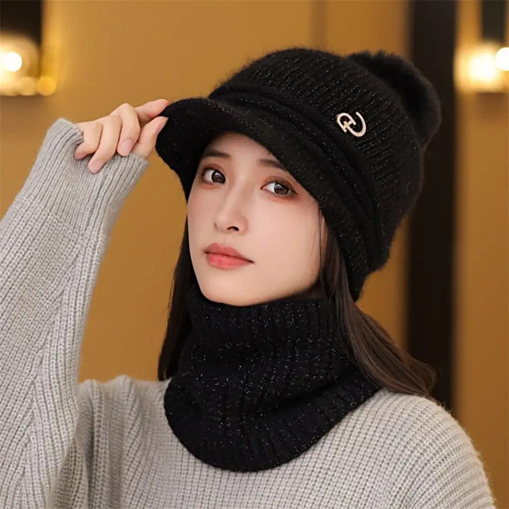 

Cozy Solid Color Woolen Hat Scarf Set Rabbit Fur Ball Ladies Girls Winter Knitted Woolen Scarf Combo Keep Warm