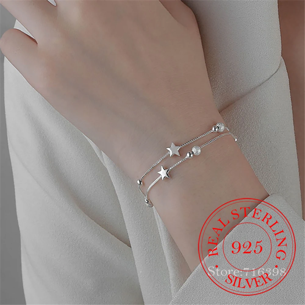 

Real 925 Sterling Silver Bracelets for Women Girl Accessories Trendy Elegant Double Layer Link Chain Star Bead Party Jewelry