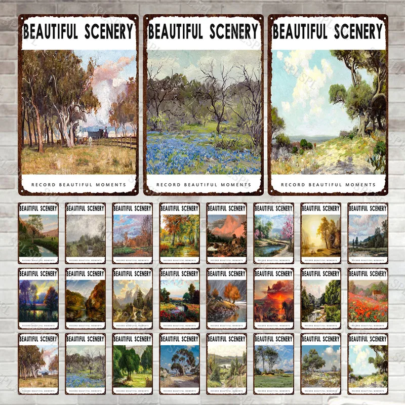 

Beauty Scenery Metal Print Plates Travel Decor Mountaion Lake Landscape Tin Sign Posters Retro Watercolor Sign Man Cave Plaques
