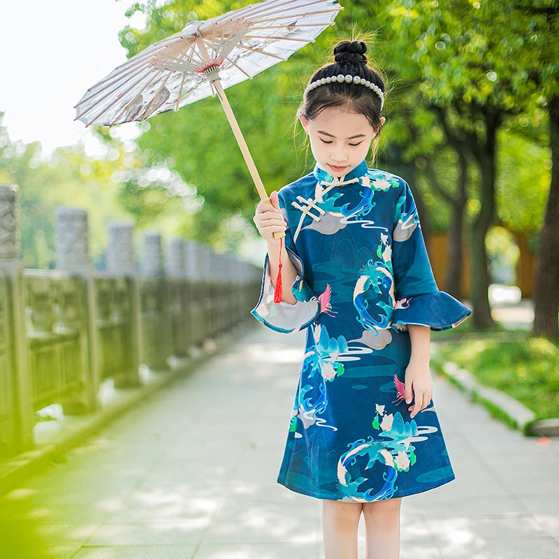 2024 г. Голубое платье Ципао для девочек воротник-стойка три четверти