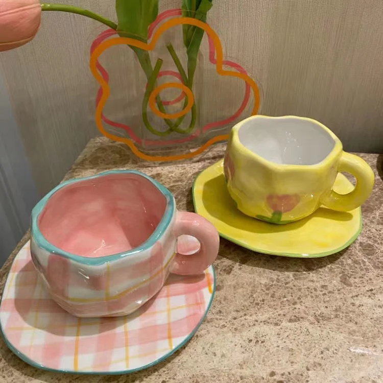 

Ceramic Coffee Mug with Saucer Set,Cute Creative Cup Unique Irregular Design for Office and Home,Dishwasher and Microwave Safe