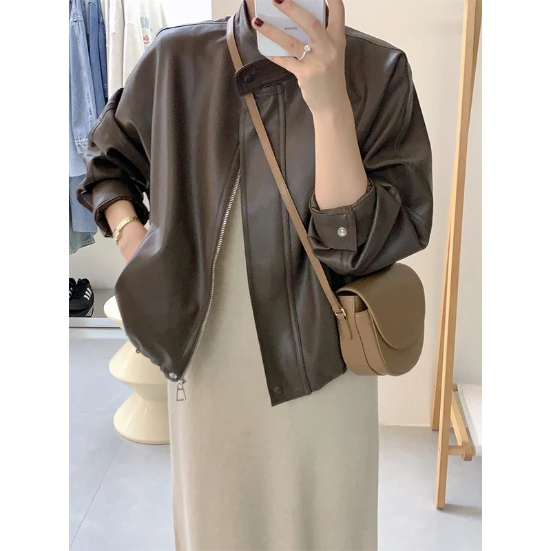 Muars Paris Fancy Hong Kong Sle Short Leather Coat Female Early Autumn Versatile Fashion Small Man Motorcycle Jacket