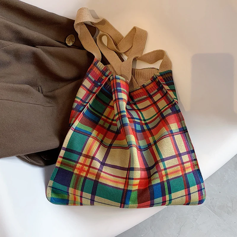 

Вязаная сумка для женщин, клетчатая винтажная Сумка-тоут, сумки через плечо, ретро плетеные сумочки, Женская Повседневная дорожная сумка для покупок, школьная сумка 2022