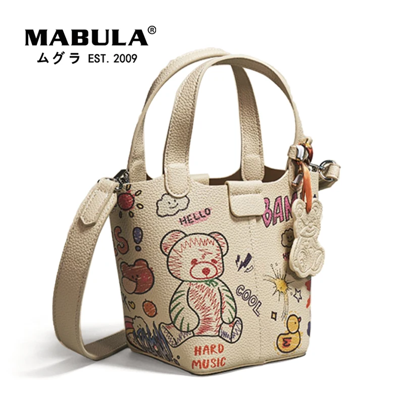 

MABULA Cartoon Graffiti Print Leather WomenTote Handbag Vintage Top Handle Bucket Purse Fashion Removable Strap Crossbody Bag