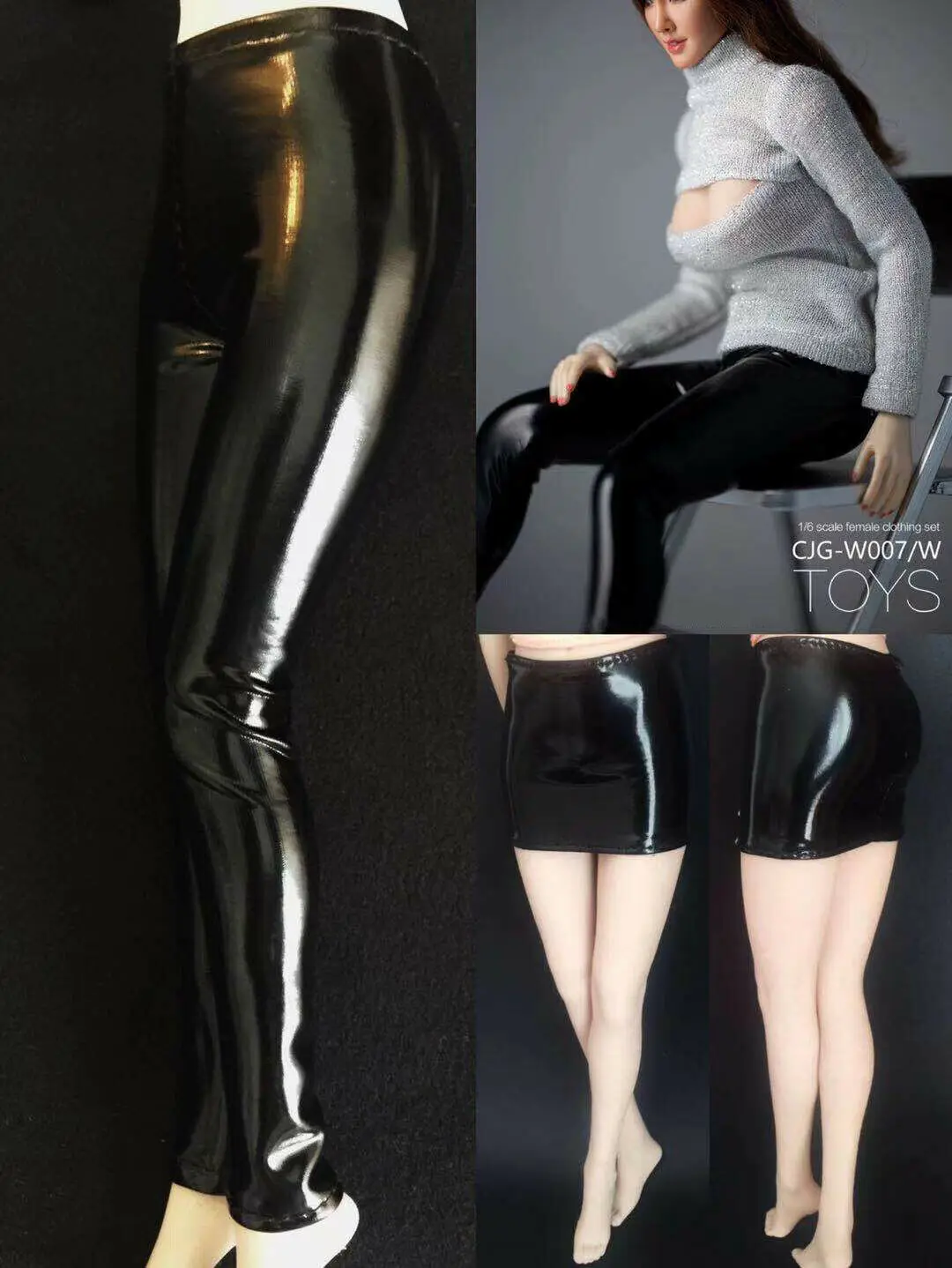 

1/6th Black Shiny Leather Stretch Pants Short Skirt Model for 12" PH UD JO Figure