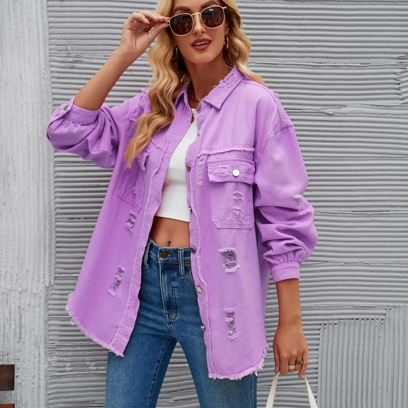 

New American Denim Shirts Women's Long Sleeve Pocket Lapel Fashion Top With Holes Stylish Autumn Casual Street T-shirts Unique