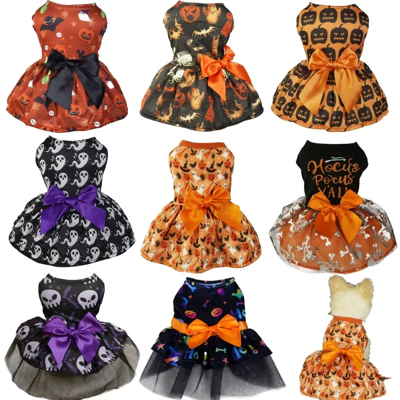 

Funny Dog Clothes Halloween Pet Dress Pumpkin Print Dress Chihuahua Yorkie Bow Mesh Dress Pet Party Clothing Cat Dog Costumes