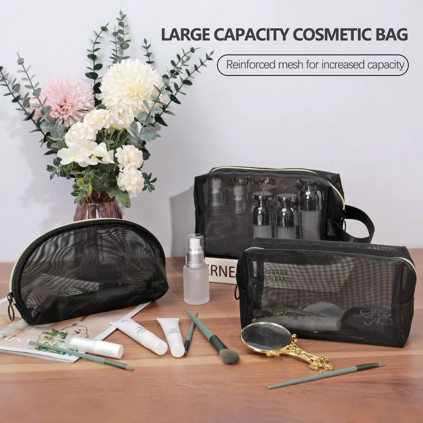 

Black Mesh Cosmetic Storage Bag Travel Toiletries Organizer Fashion Large Capacity Black Portable Bags Make Up Zipper Pouch