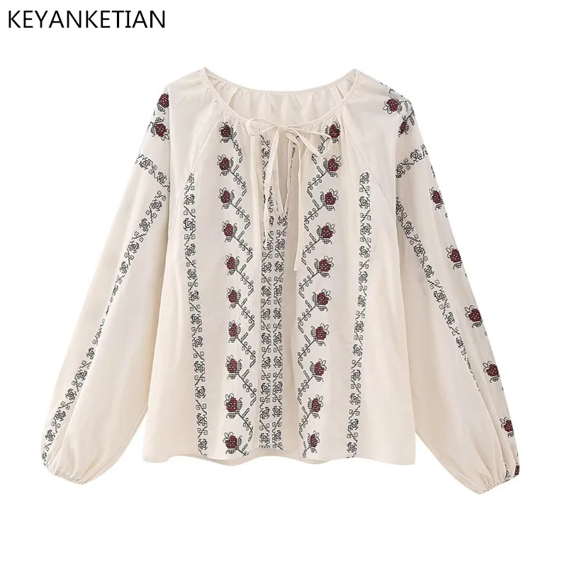 

Весенняя новинка от KEYANKETIAN, бежевая Свободная рубашка с круглым вырезом и рукавами-фонариками, Свободный пуловер, топ, праздничная одежда