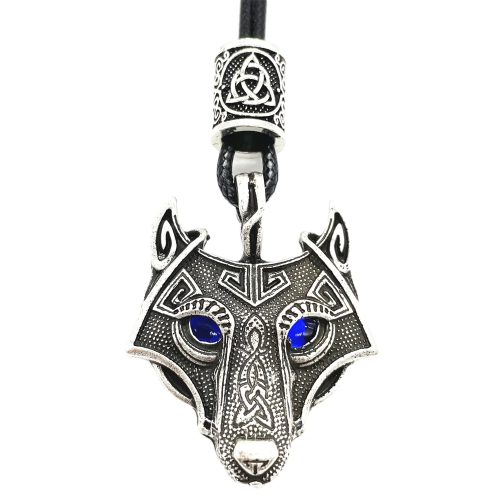 

Blue Crystal Eyes Wolf Pendant Vegvisir Valknut Trinity Nordic Runes Beads Jewlery Viking Mens Necklace Amulet Talisman Jewelry