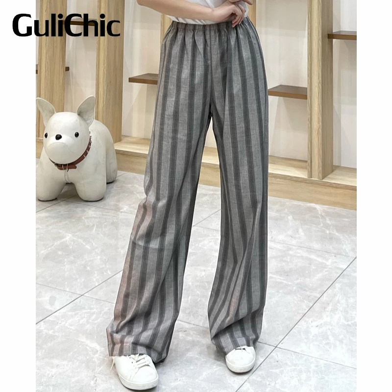 6.6 GuliChic Women Casual Comfortable Loose Vertical Stripe Wide Leg Pants