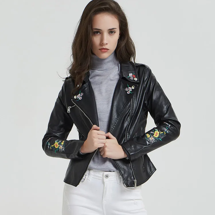 

Spring Women Black PU Leather Biker Embroidered Jacket Slim Short Floral Girls Moto Coat Female Motorcycle Biker Jacket Oversize