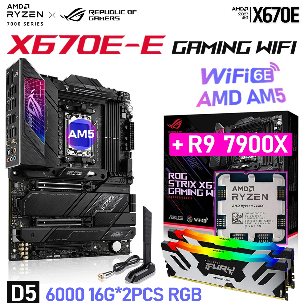 

AM5 CPU R9 7900X + ASUS ROG STRIX X670E-E GAMING WIFI Motherboard + Fury Renegade DDR5 6000MHz 32GB RGB RAM Desktop Memory Suit