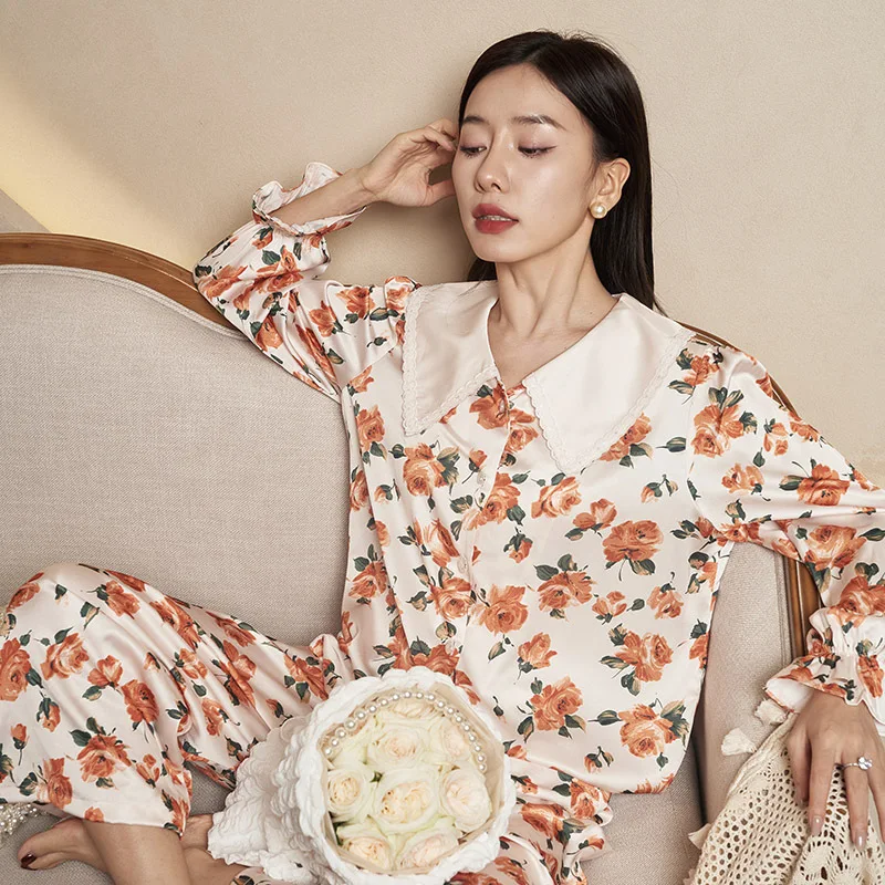 

Jxgarb Spring New Satin Big Collar Floral Printed Casual Pajamas Suit Female Pagoda Sleep Two Piece Pijamas Women's Loungewear