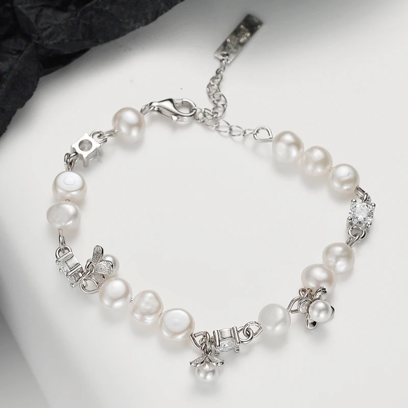 

Amaiyllis S925 Pure Light Luxury Silver Flower Platinum Zircon Pearl Bracelet Niche Handmade Baroque Pearl Bracelet Jewelry