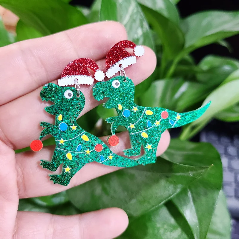 

Christmas Earrings Jewelry Accessories Cute Green Dinosaur Christmas Hat Earrings Christmas for Women Kids Jewelrys Gifts