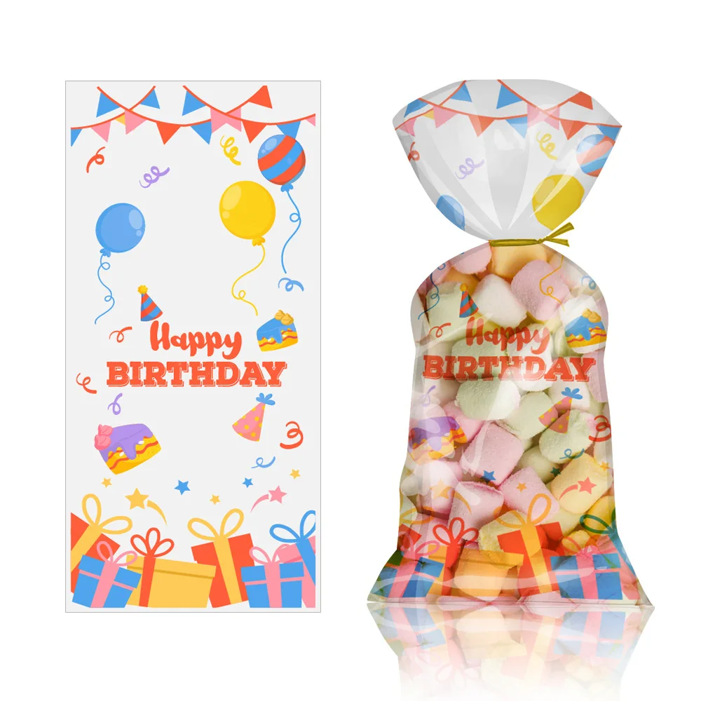 

50Pcs Happy Birthday Plastic Bag Children's Day Snacks Candy Bag Birthday Party Transparent Bag