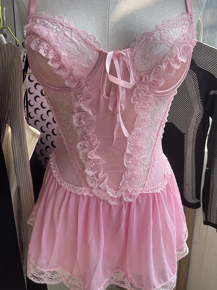 Bodys góticos de encaje rosa para mujer, body Sexy Harajuku, ropa de noche transparente, Bandage, dobladillo con volantes