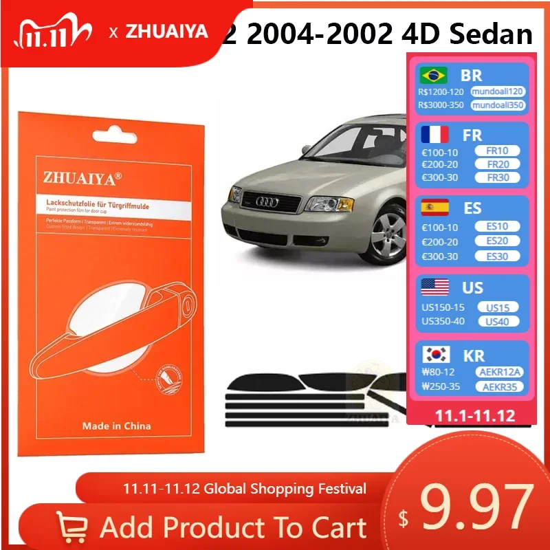 

Защитная пленка ZHUAIYA для красок дверной ручки, ТПУ PPF для Audi A6 4,2 2004-2002 4D, автомобильные аксессуары