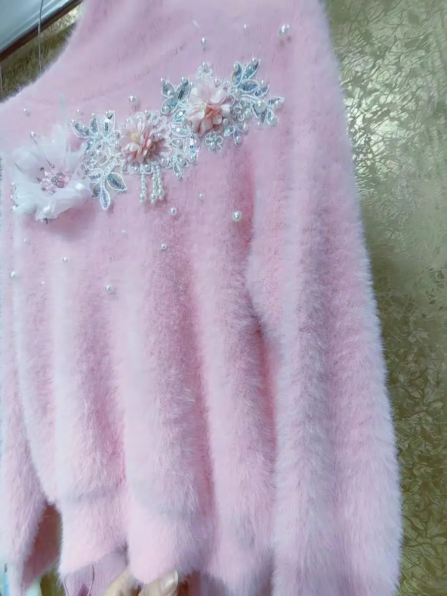 Новый свитер с жемчугом и бисером кисточками цветами толстым искусственным