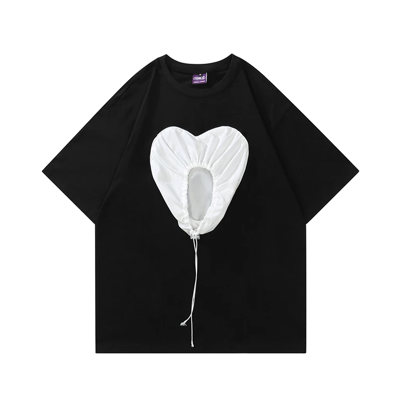 

Love Pattern Drawstring White Black Short Sleeve Summer Tshirts Men and Women Crew Neck Oversize Streetwear Casual Top Tees