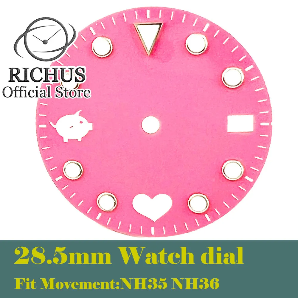 

Зеленый светящийся циферблат для часов 28,5 мм, розовый циферблат для часов NH35