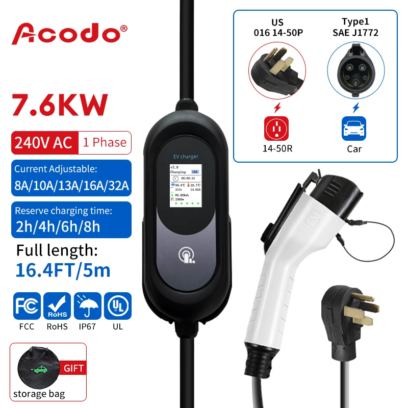 

EV Charger Cable Type 1 J1772 7.6KW Wall Box With On-screen Display Adjustable Current Fast Charging Car Charger With 5M Cable